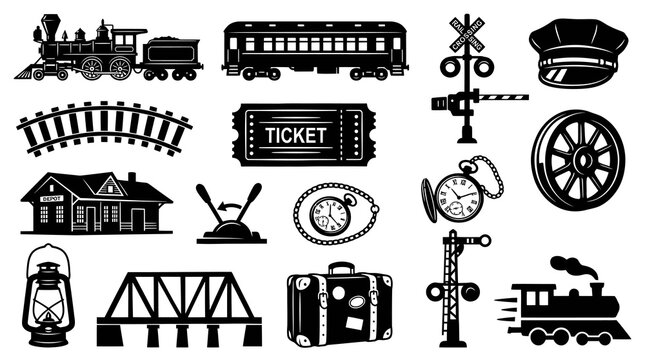Vintage  Modern Railroad Train Elements Black and White Vector Icons Set. Transportation Glyphs Collection.