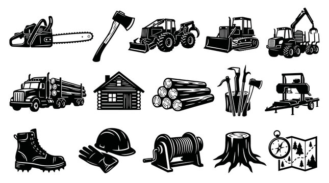 Forestry and Logging Black White Vector Icons Set. Lumberjack Tools, Equipment, and Industry Elements Collection.