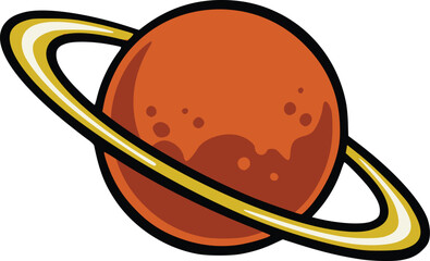 Cartoon vector illustration of an orange ringed planet with yellow orbit rings, isolated on a white background for astronomy and space science themes © Galih