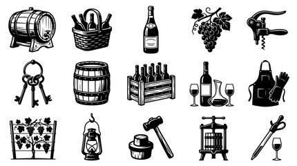 Obraz premium Wine Making Icons Black and White Line Art, Barrel, Grapes, Corkscrew, Apron