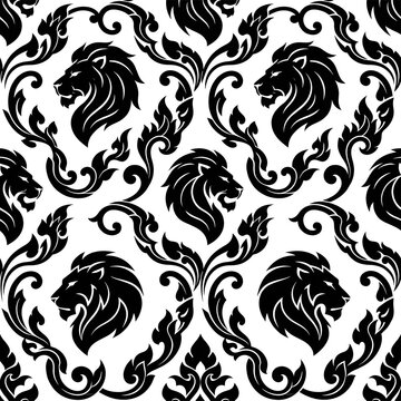 Modern Thai seamless pattern with bold black silhouette lion heads and elegant Kanok ornaments, luxury damask lattice design isolated on a white background