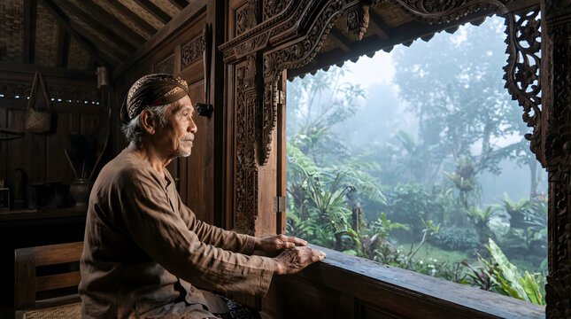 Elderly Javanese man wearing traditional batik headcloth looking through an ornate wooden window at a misty tropical garden in rural Indonesia.