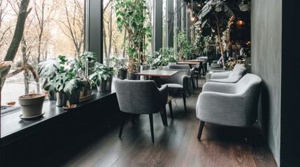 Obraz premium Indoor cafe with plants and comfortable seating near window