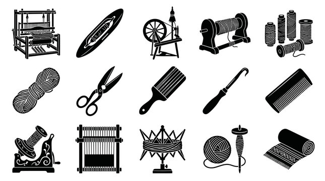 Weaving and Spinning Textile Craft Tools Glyph Icons. Traditional Production Equipment Silhouette Set.