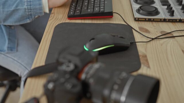 Woman typing on keyboard with hands on keys, camera and mouse on desk in studio; concentration creativity.