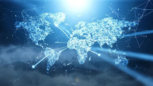 Glowing blue digital world map representing global network connection