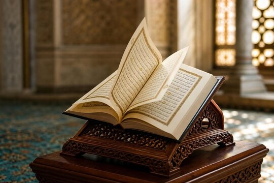 lectern. An ornate Quran stand with pages gently turning, illuminated by warm lighting. event programs, museum guides, designed for cultural heritage projects and event programs, supports education.