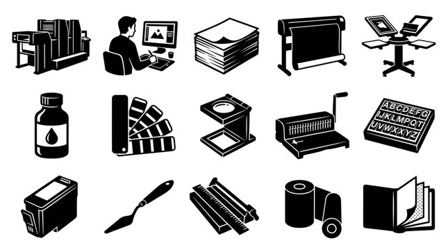 Printing and Graphic Design Glyph Icons Set: Publisher Tools  Equipment Collection in Black  White