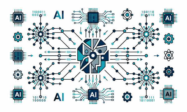 Artificial intelligence concept with microchips and gears in a futuristic circuit board design with binary code