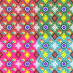 Fototapeta premium Bright luxury ikat geometric seamless pattern set with colorful backgrounds.