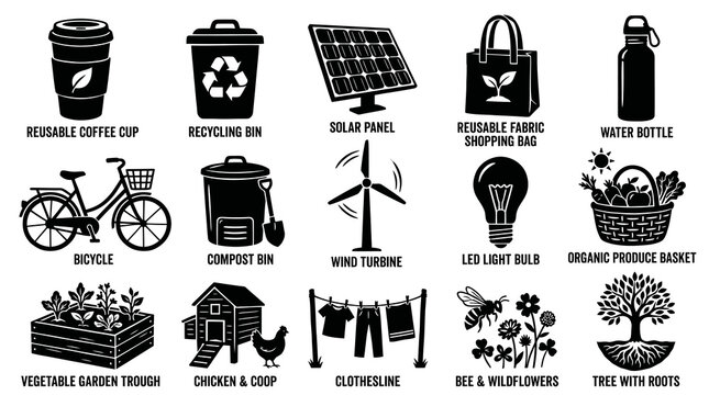 Eco-friendly Icons: Sustainable Lifestyle Objects in Black  White Glyph Style