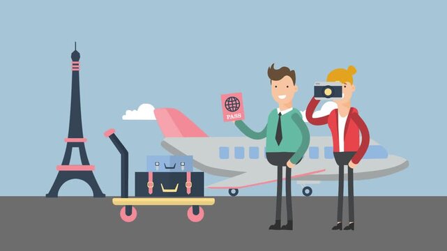 Vector Illustration of a Couple Enjoying a Summer Vacation Trip Abroad to a Famous City Destination with Luggage and Airplane