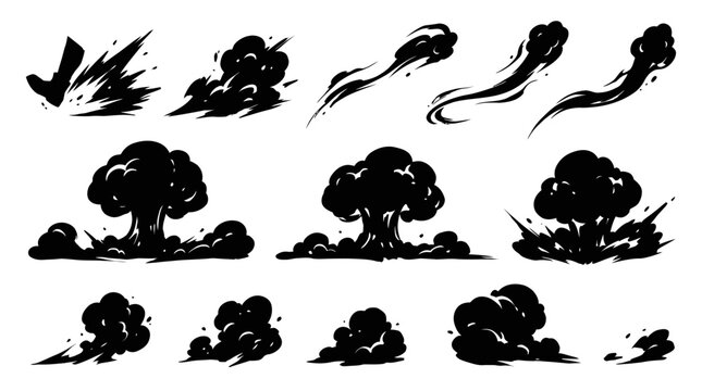 Smoke and dust clouds rise from explosions in a landscape.