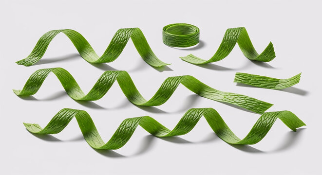 Chiffonade of fresh green herbs arranged in elegant decorative spirals for professional culinary plating and gourmet food photography on white background