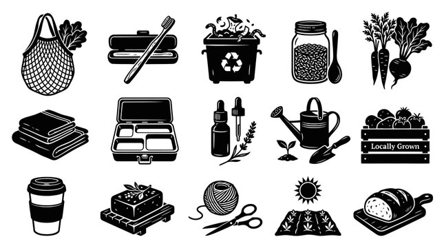 Eco-friendly Sustainable Living Glyph Icons Set. Zero Waste, Organic Food  Natural Lifestyle Black and White Illustrations.