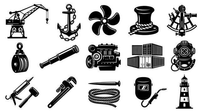 Maritime and Industrial Icons Set: Black and White Nautical Shipping Tools, Equipment, and Symbols Vector Glyphs