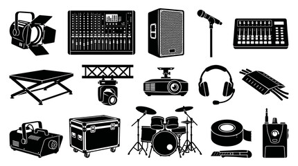 Fototapeta premium Black White Glyph Icons of Audio and Lighting Equipment for Live Events