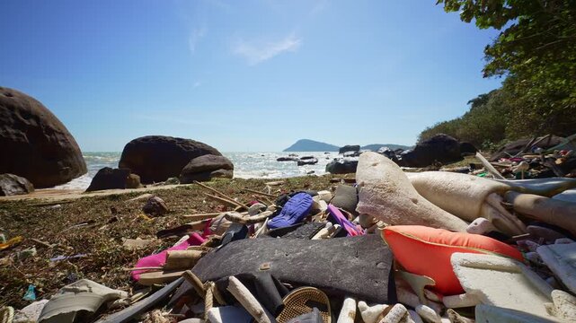 Piles of Plastic Garbage Pollute the Ocean Beach. A Lot of Plastic Debris Lies on the Sandy Coast of the Sea. Plastic Bottles, Bags, Foam Plastic, Wastes