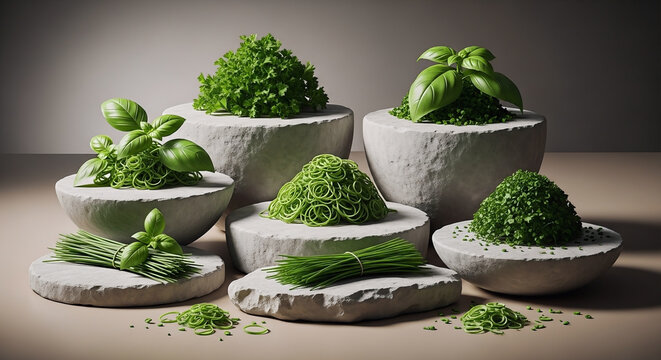 A collection of fresh green herbs featuring precise chiffonade techniques displayed on decorative stone surfaces for culinary and gourmet food photography.