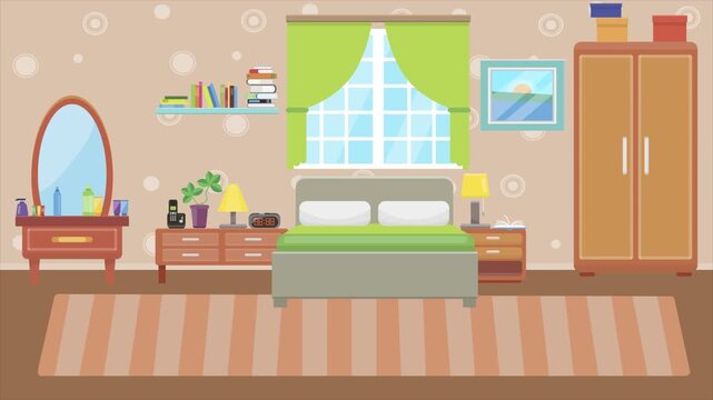 Animated 2D flat design background scene of a Bedroom