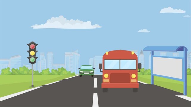 Animated 2D flat design background scene of a Bus Station
