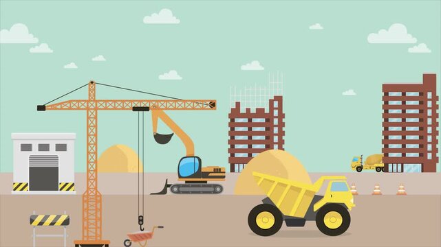 Animated 2D flat design background scene of a Construction