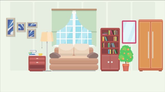 Animated 2D flat design background scene of a Living Room