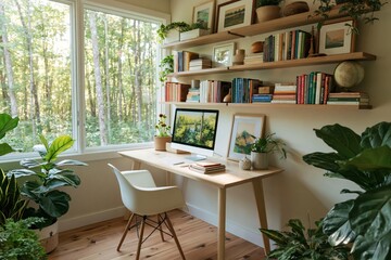 Fototapeta premium Office workspace with wooden desk computer and plants in cozy home interior design