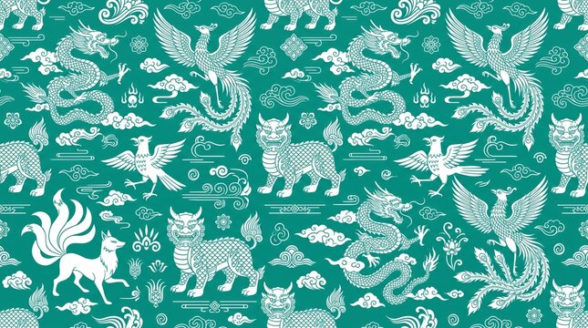 Intricate south korean pattern with mythical creatures and dragons traditional seamless geometric