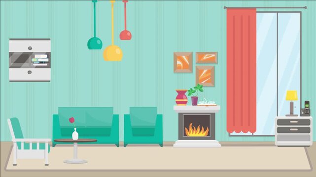 Animated 2D flat design background scene of a Living Room