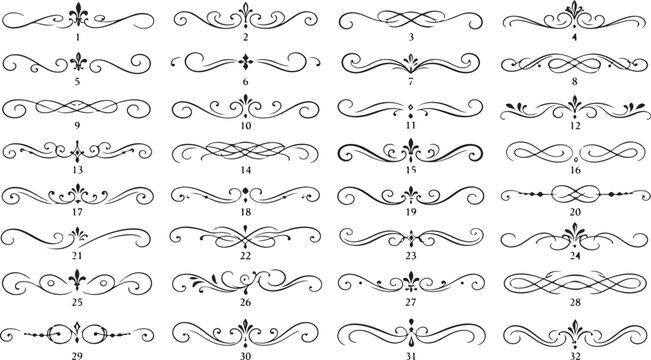 Ornate swirl design elements, vector dividers, decorative borders, 25 flourish patterns