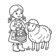 Fototapeta premium Girl with a sheep coloring page for kids
