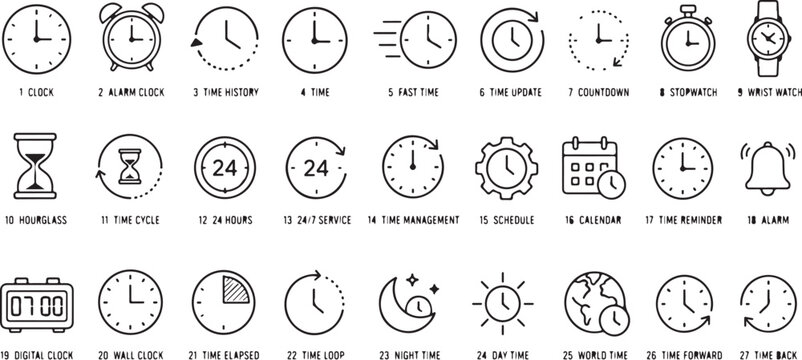 Clock icons, time symbols, watch illustrations, 40 timepiece graphics, vector set