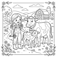 Naklejka premium Girl with Cow and Calf on Farm Coloring Page