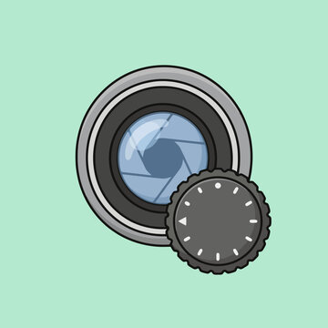A stylized illustration of a camera lens and a control dial