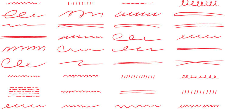 Collection of hand drawn red ink underlines and decorative scribble lines isolated on white background for bullet points or emphasis in creative digital design projects and artistic graphic layout ele