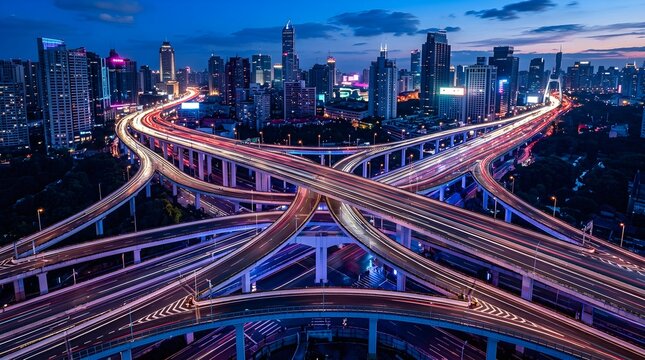 City elevated overpass sweeps through a glowing skyline during deep twilight hour.