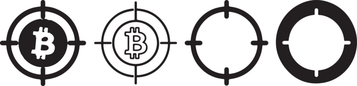 Bitcoin, cryptocurrency, crosshair, target icons, vector graphics, financial symbols, black and white