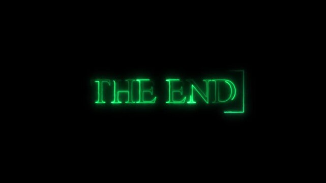 The end text animation with glowing green neon lines against black background features cinematic motion graphics for closing credits video production and creative storytelling digital media