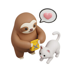 Fototapeta premium Cartoon sloth holding kitten and heart