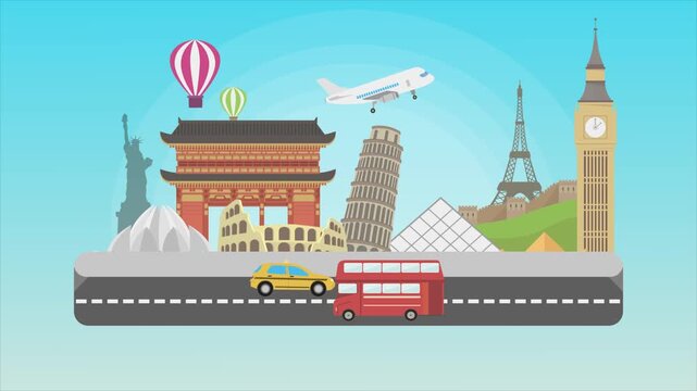 Animated 2D flat design background scene of a Travel