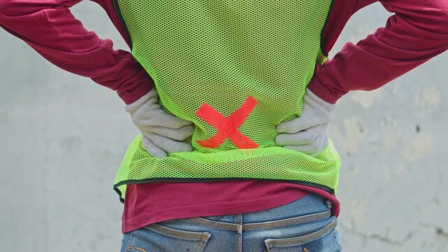 Back view of industrial builder clutching painful lower back suffering improper lifting at work site
