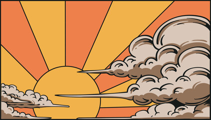 Cartoon vector illustration of a golden sunrise with radiating orange rays, drifting clouds, and horizon line, isolated for nature and travel background themes © Galih