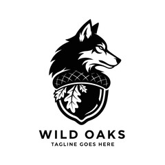 Fototapeta premium Graphic mascot featuring a wolf within an acorn shell with oak leaves.