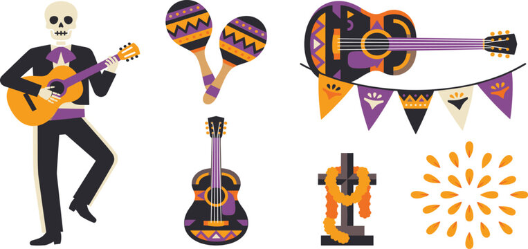 Dia de los Muertos Mexican vector collection with mariachi skeleton playing acoustic guitar maracas traditional festival bunting marigold cross and fireworks elements