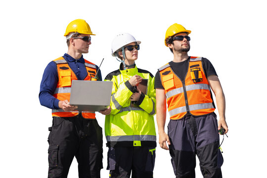 Engineering team in safety gear isolated on background, Professional industrial workers with laptop and radio cut out on background