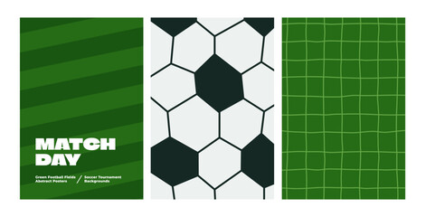 Naklejka premium Green Soccer Grass Pitch Background with Ball and Goal Elements. Stadium Lawn, White Soccer Net and Hexagon Ball Pattern. Top View of Pitch Turf for Sport Flyers, Match Posters, and Championship Bg.