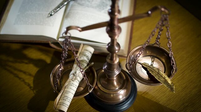 A close-up of a brass scale of justice with a sword placed on a wooden desk with a dark red curtain backdrop in a classic legal setting.
