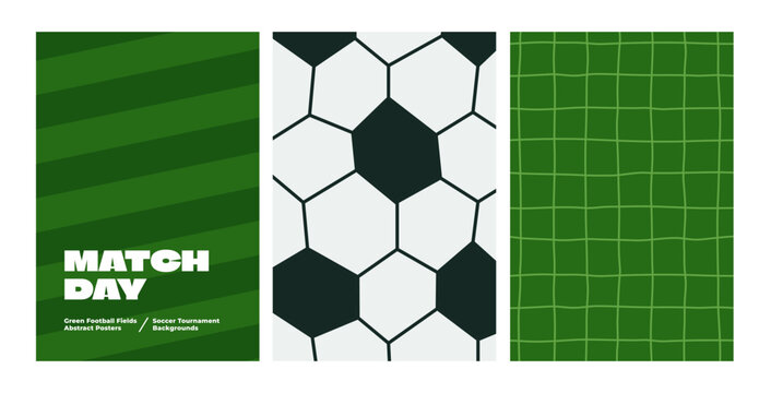 Green Soccer Grass Pitch Background with Ball and Goal Elements. Stadium Lawn, White Soccer Net and Hexagon Ball Pattern. Top View of Pitch Turf for Sport Flyers, Match Posters, and Championship Bg.