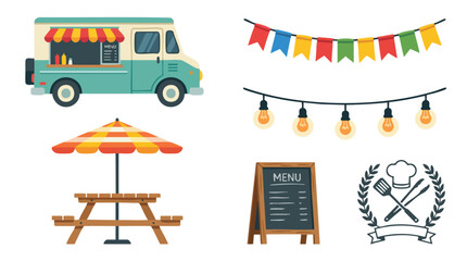 Fototapeta premium Food Truck and Street Food Festival Vector Illustration Set